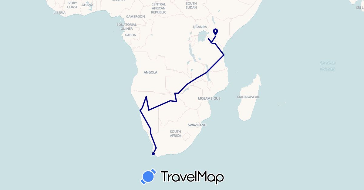 TravelMap itinerary: driving in Botswana, Kenya, Malawi, Namibia, Tanzania, South Africa, Zambia (Africa)